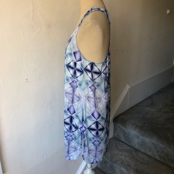 Asceno Silk Stain Glass Printed Blue Multi Side Slit Racerback Tunic Top EUC S - Picture 2 of 7